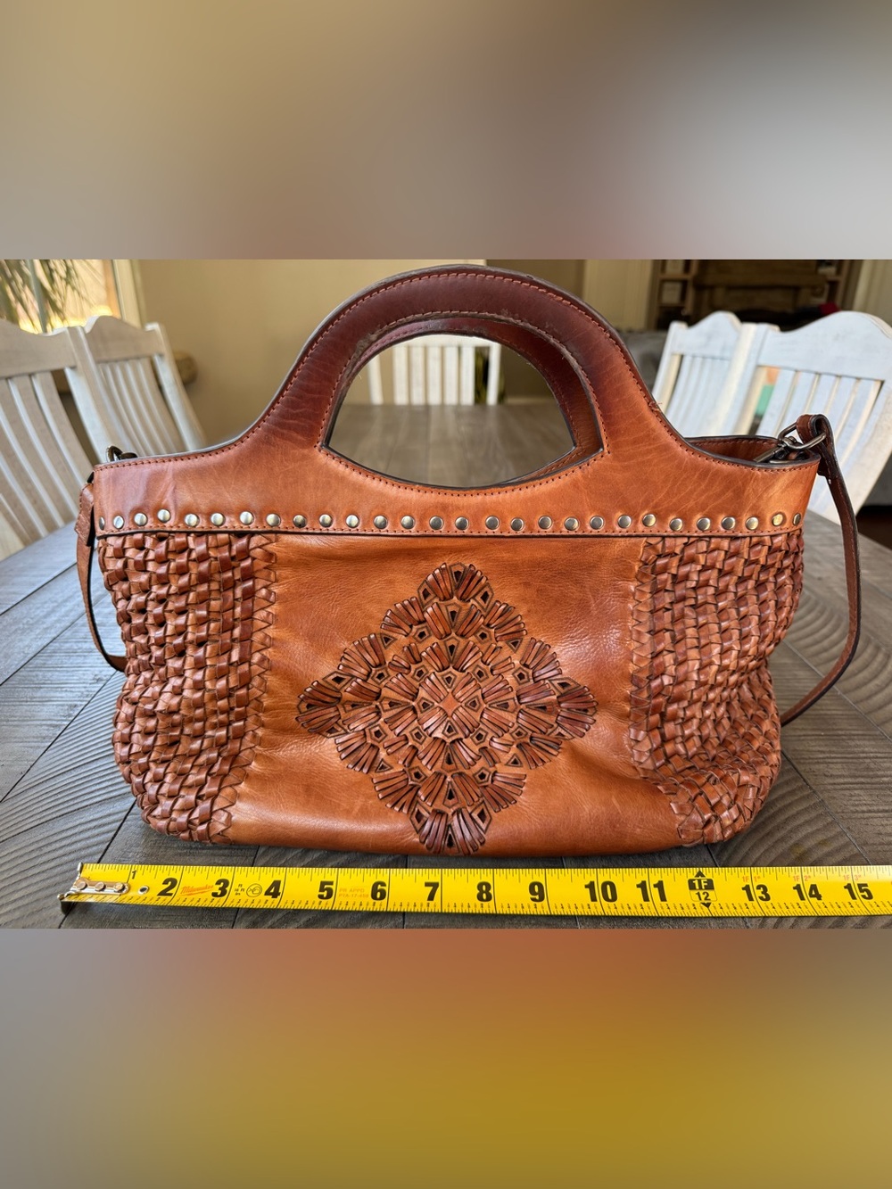 Handcrafted Brown Leather Woven Boho Mandala Shoulder Bag - Handbag - Purse - Picture 12 of 13
